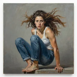 a shocking radically realistic fine art painting of a early twenties female parkour scene wearing jeans and flowing hair, inspired by David Stoupakis, studio portrait, muted colors, detailed hair,  cinematic lighting, 4K