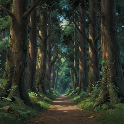 a path in an ancient forest, big and tall trees, evening light, soft light, serene atmosphere, studio ghibli, mysterious