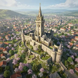 beautiful render of capital city of kingdom of larion in spring, unreal engine, fantasy style, epic landscape, guard tower, castle, drone shot, soft light, by greg rutkowski, cgsociety