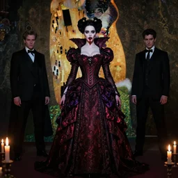 jennifer connelly vampire queen, sharp fangs, blood, full body, intricate victorian dress, digital art, middle shot, cinematic lighting, studio quality, symmetrical eyes, artgerm, joshua middleton, rafael albuquerque, moody lighting, candles, art style by klimt, nixeu and ian sprigger and wlop and krenz cushart