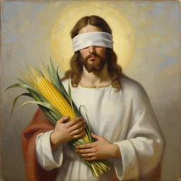 painting of jesus christ with blindfold!!!!!! holding cornucopia!!!!!!