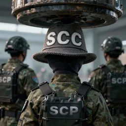 weird hat under armed guard scp scp scp concept art octane render photorealism