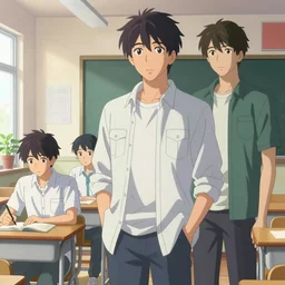 high school classroom scene spring setting, expert high detail concept art, perfect proportions defined face, tall handsome guys, vivid colors, sharp focus, modern composition, realistic shaded lighting artistic, ilya kuvshinov, katsuhiro, jeremy lipkin, makoto shinkai, loish and clamp style, expert artist