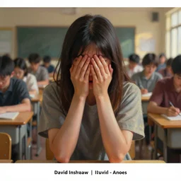 poster of a girl who hides her face and cries, in a big classroom full of people, by david inshaw