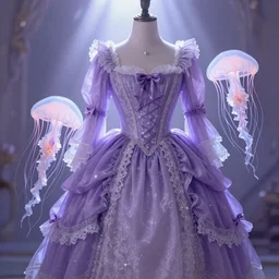 purple dress in the style of baroque ，Victorian era，jellyfish element，dreamy, soft ,Backlight ,luminescence，highly detailed,8k