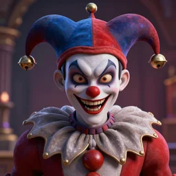 the evil jester smirking wearing cap with bells, lovecraft scene, detailed portrait, 3 d, intricate details, by vincent di fate, smooth gradients, octane render, 8 k, volumetric lightning, depth of field, coherent face, vivid colors