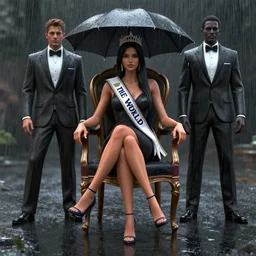 3 d octane render unreal engine of miss of the world in the rain sitting on the chair by conrad roset and wlop and artgerm