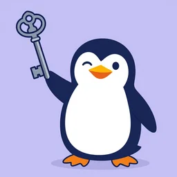 2 d vector art of a penguin with light purple skin color and a happy expression, holding a dark silver antique key up in the air like a sword. - n 9