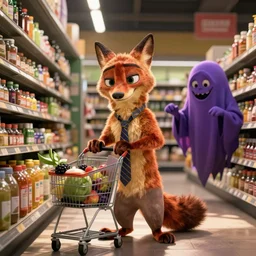 Nick Wilde is going grocery shopping but a horrible ghoul (yours truly) won't stop taking pics of him.