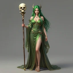 beautful full body portrait of a female druid holding a skull staff, green majestic hair, elegant fashion, by yu cheng hong, dave greco, grafit studio, digital art, ultra detailed, rendered in unreal engine, concept art, trending on artstation