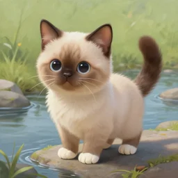 a painting of a cute light beige kitten at a river. dark brown ears and face and legs and tail. white paws. character design by cory loftis, fenghua zhong, ryohei hase, ismail inceoglu and ruan jia. volumetric light, detailed, rendered in octane