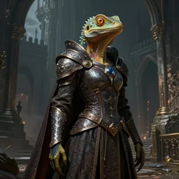 A fantasy comic book style portrait painting of an antrpomorphic female lizard, dressed as Joan of Arch. Atmospheric dark fortress, unreal 5, DAZ, hyperrealistic, octane render, RPG portrait, ambient light, dynamic lighting