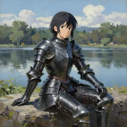 A ultradetailed beautiful panting of female knight wearing black armor sitting by the lake, Oil painting, by Ilya Kuvshinov, Greg Rutkowski and Makoto Shinkai