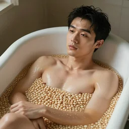 a man bathing in a bathtub full of beans