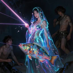 awe-inspiring award-winning concept art painting of attractive asian anglerfish in neon shrouds as the goddess of lasers, sparks, by Michael Whelan, William Adolphe Bouguereau, John Williams Waterhouse, and Donato Giancola, cyberpunk, extremely moody lighting, glowing light and shadow, atmospheric, shadowy, cinematic, 8K,