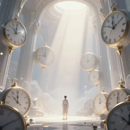 future fantasy with time magic and clocks, at gentle dawn white light, by adam varga, cinematic lighting, volumetric lighting, smooth, sharp focus, highly detailed, render in unreal engine 5, artstation, deviantart, behance, trending, epic composition, hd, octane, unreal engine, volumetric lighting, light rays, masterpiece, award - winning