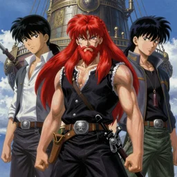 prompt : ragnarok online portrait soft light painted by james jean and katsuhiro otomo and erik jones, inspired by akira anime, epic fantasy, a long red haired, red bearded male sky - pirate standing in front of an airship, intricate oil painting, high detail illustration, sharp high detail, manga and anime 1 9 9 9