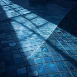 blue gridlike floor, concave tiles, glass tiles, futuristic floor