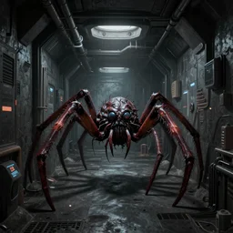 “Concept art, creepy spider monster creeping down a dark futuristic hallway, highly detailed”