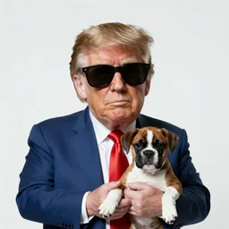 50mm photo, Donald Trump wearing sun glasses, holding a boxer puppy