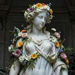 a marble statue covered in flowers, full frame, cinematic light, 8k, unreal engine,