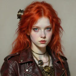 head and shoulders portrait of a young girl in a leather jacket, pale skin, red hair, vibrant color, steampunk, high detail, beautiful painting by artgerm and mucha and ruan jia and and craig mullins