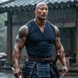 Dwayne Johnson as samurai , under rain, dramatic, cinematic, an film still