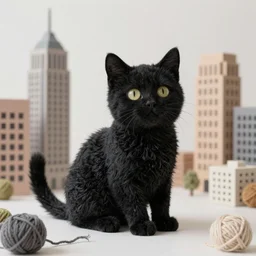 a real black cat in a city, only the city is made of yarn