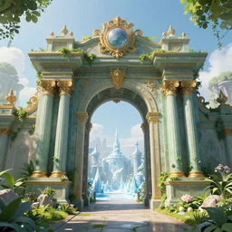 massive ornate gateway set in a dreamy beautiful verdant fantasy landscape. The gateway leads to a frozen landscape which is visible through the gateway. Noah Bradley. Zaha Hadid. Digital art. Very detailed. Trending on artstation.
