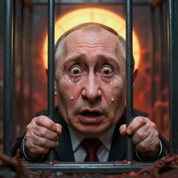 shocked face of putin dwarf with tears in cage, hell, hyper - realistic, sharp focus, depth of field, hyper - detailed visionary art, symmetric, hell, holy halo, dramatic ambient lighting, high detail, vibrant colors, the thing 1 9 8 2, judgment day, apocalypse