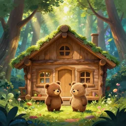 a wodden hut lodge in the middle of a magical forest with two cute humanoid fluffy fur bear cubs standing in front of it, light rays are shining through the leaves of the trees above, magical environment, beautiful light. trending on artstation 4 k award winning artwork of an unknown artist. vivid colors. detailed painting. kids book illustration.