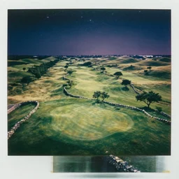 panorama, aerial view birds eye view of a perfect infinite elysian dreamlike green hilly pastoral astral psychedelic golf course stone wall landscape with cherished trees, stone walls under cosmic stars, cherished trees, memory trapped in eternal time, golden hour, dark sky, evening starlight, peaceful haunted vintage psychedelic painted polaroid by hiroshi yoshida