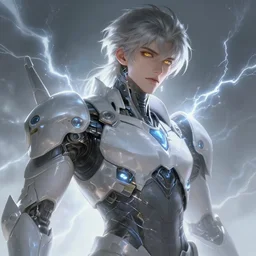 portrait of handsome guy in cyber armor, dreamy and ethereal, expressive pose, gold eyes, resolute expression, fantasy, intricate, elegant, many lightning, cold color, highly detailed, digital painting, artstation, concept art, cyberpunk wearing, smooth, sharp focus, led, illustration.