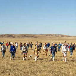 of a crowd of Native American people playing LaCrosse across a vast prairie hyperdetailed photorealism HDR