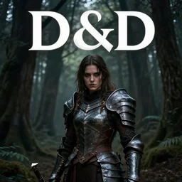 dramatic dark forest scenery, girl with fangs in hide leather armor, D&D book-cover without text