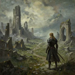 the tarnished discovers the ruins of a city in the lands between, matte painting, detailed, elden ring, oil on canvas, by beeple