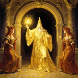 wizard casting a spell at the entrance of a dungeon, golden hour, elegant, high quality, striking, high contrast, very detailed, bright colours, smooth, fluid, coherent, high quality, dramatic lighting, by mort kunstler and alex ross and magali villeneuve and mucha