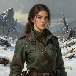 A comic book style portrait painting of a stunning young woman ranger in a post apocalyptic winter landscape, unreal 5, DAZ, hyperrealistic, octane render, RPG portrait, ambient light, dynamic lighting