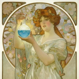 art nouveau painting by Alphonse Mucha of a beautiful female scientist in 1920s dress holding a sparkling round bottomed flask of blue liquid up to the light. The woman is framed with flowers. Soft, muted colors.