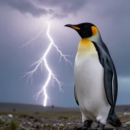 lightening striking down on penguins, wildlife photography, highly detailed, high quality, 8 k, soft lighting,