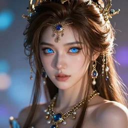 a beautiful fantasy girl, brown hair, blue eyes, lots of jewelry, epic lighting, vibrant colors and hard shadows and strong rim light, very coherent, digital art, trending on artstation, finely detailed features, ross tran, sam yang