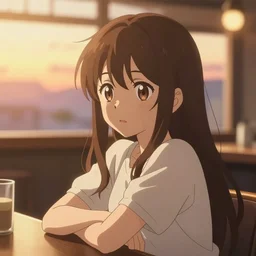 anime art, anime key visual of boyish young female, long brown hair and large eyes, finely detailed perfect face, sitting at a bar, golden hour sunset lighting, background blur bokeh!!, trending on pixiv fanbox, studio ghibli, extremely high quality artwork