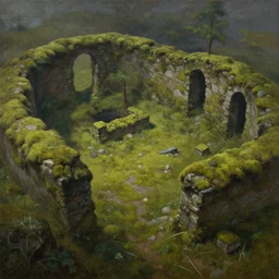 yavin iv, mossy ruins, overhead view, distance shot, painting by raphael lacoste