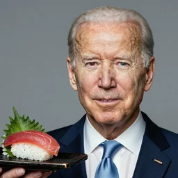 A portrait of Joe Biden as Forrest Gump, with Sushi and Sashimi on left handd red eyes nekomimi, symmetrical facial features