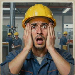the frightened face factory worker, hyperrealistic painting, figurative art, multiple exposure, poster art