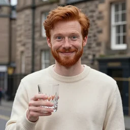 a portrait of a young man with short red hair and a beard with wide-set eyes and a goofy smile wearing a cream sweater and holding a glencairn glass in Edinburgh, trending on artstation