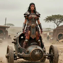 vertical movie frame with female warrior standing on steam punk buggy with wood wheels, hyperrealism, armor inspired by incas and doom and fashion, symmetrical face, epic, award winning, establishing shot, fit body, blooded, extremely high detail, photorealistic, brutal, provocative, octane render, editorial, documentary photography