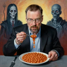 painting of walter white eating british baked beans, scene of man eating british baked beans, by zdzislaw beksinski, by dariusz zawadzki, by wayne barlowe, amazing details, gothic, surrealism, cosmic horror, lovecraftian, cold hue's, warm tone gradient background, concept art, beautiful composition