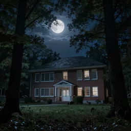 haunted, school, forest, moonlight, realistic, cinematic