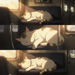 3 panel scene, anime cat sleeps inside a japan train - dramatic cozy arts by wlop and okuda genso. wide angle lens. featured on pixiv, anime aesthetic. pixiv, warm aesthetic, rays of light, volumetric light, artstation, vanitas, official art, gothic, noise film photo. octane render, redshift render, ue 4